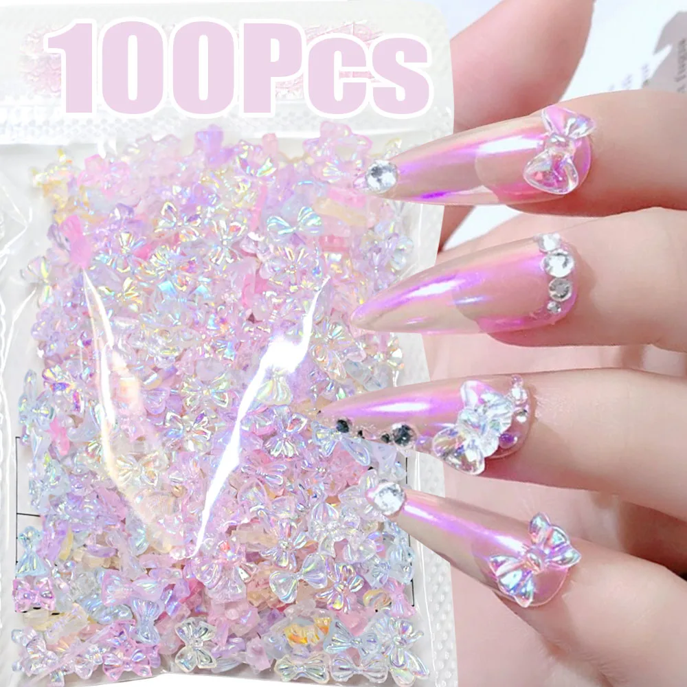 100 pçs 3d natal misturado aurora arco encantos da arte do prego 8/10/12mm aurora fita bowknot prego diy coreano kawaii arco peças de unhas