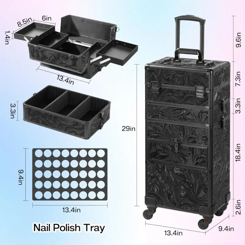 Professional Rolling Makeup Case with Drawers, 4-in-1 Cosmetic Organizer on Wheels, Large Salon Travel Train Case