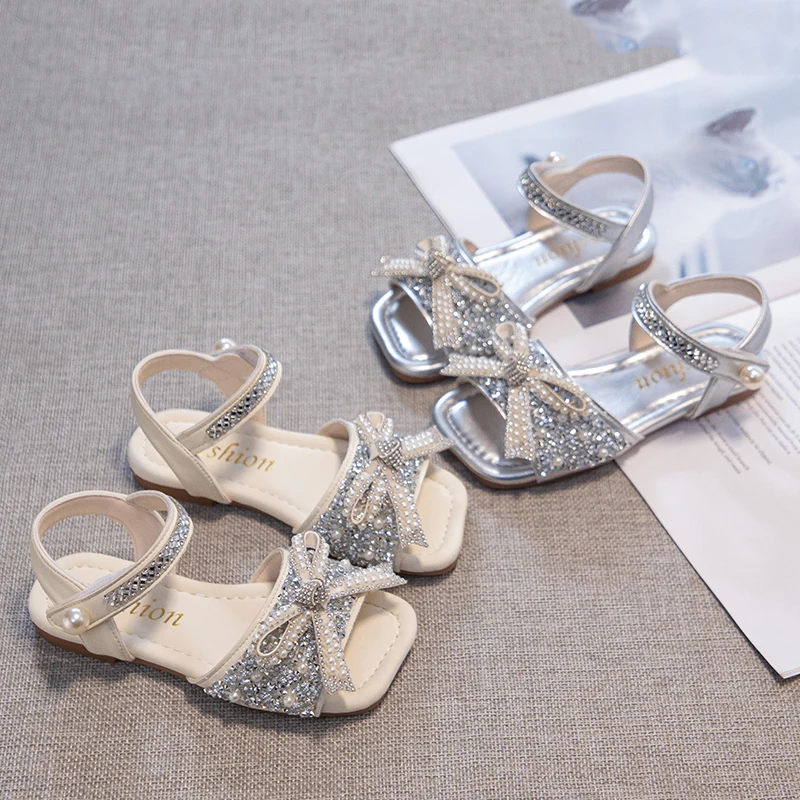 

Girls Crystal Sandals for Party Wedding Children Pearls Princess Sandals with Bow-knot Kids Summer Beach Shoes Soft Sole
