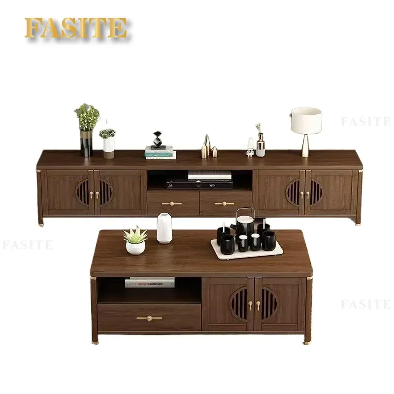 New Chinese Style All Solid Wood Coffee Table TV Cabinet Combo Floor to Ceiling Storage for Small Apartment Living Room Space