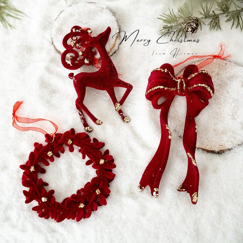 

Wine Red Christmas Snowfall Deer Pendant Flocking Wreath Butterfly Knot Elk Xmas Tree Hanging Ornaments Elegant Cartoon