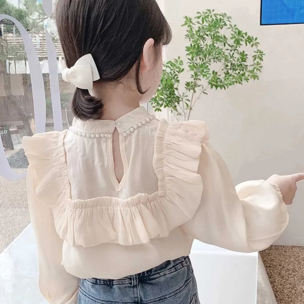 Magliette per neonate camicette a maniche lunghe per bambini camicia per bambini top di perle 2024 primavera autunno vestiti in stile coreano per