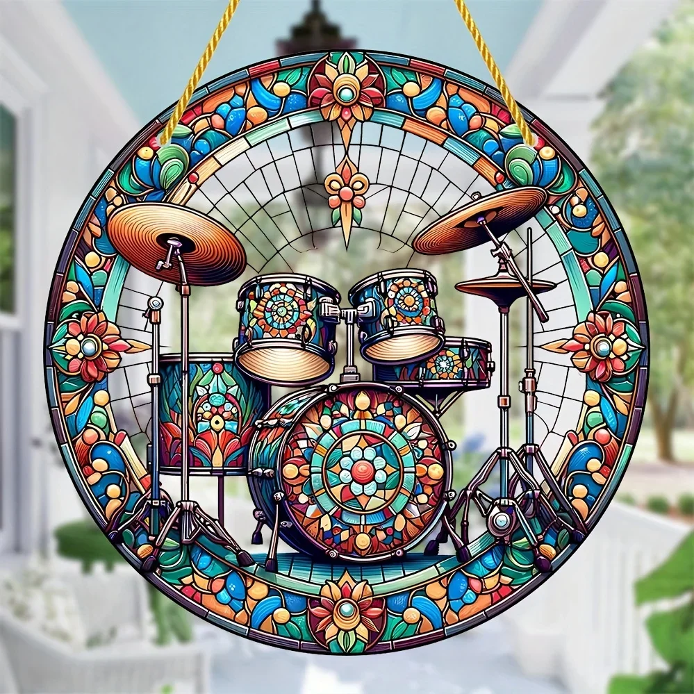Guitarist Drum Kit Sun Catcher-Round Acrylic Music Themed Translucent Wall Art,Home,Garden,Cafe Bar Decor,Gift for Enthusiasts