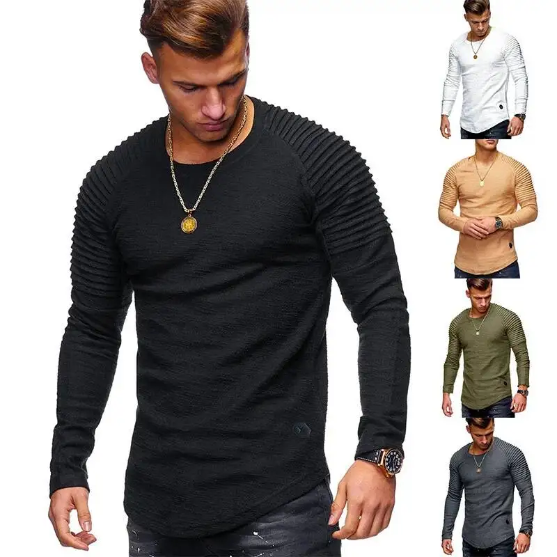 

Spring And Autumn New Men's Solid Color Slim Round Neck Long Fashion Fold With Shoulder Sleeve Sports T-Shirt