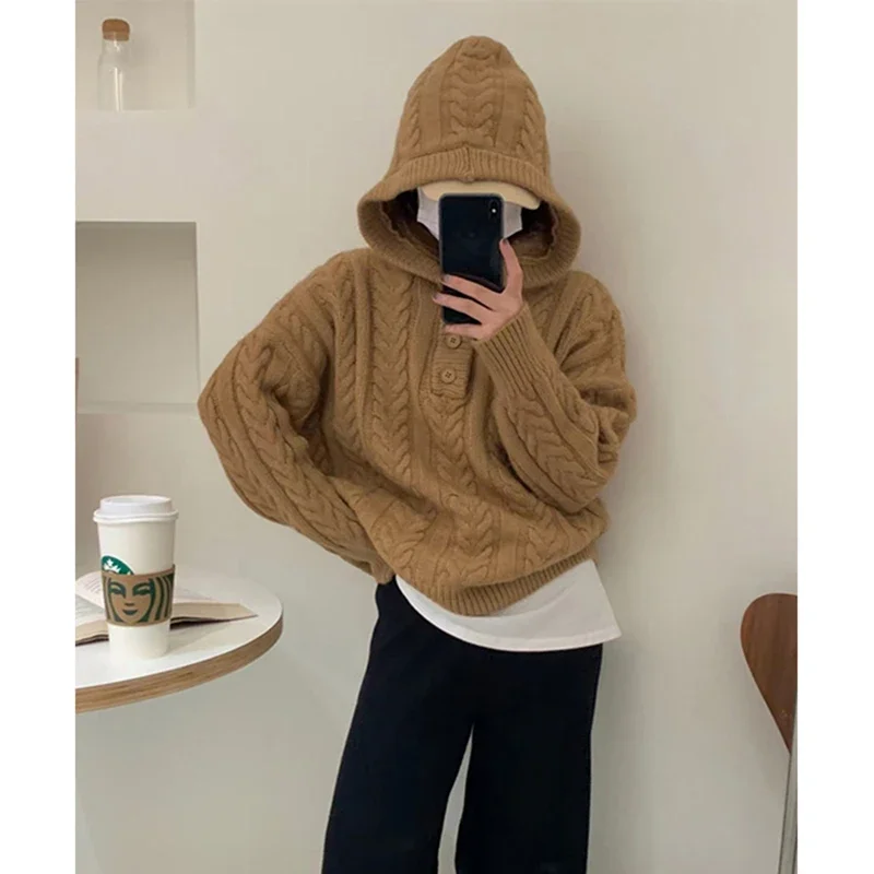 

Harajuku Hooded Sweater Women Streetwear Black Knitted Pullovers Korean Fashion Long Sleeve Knitwear Winter Casual Jumpers