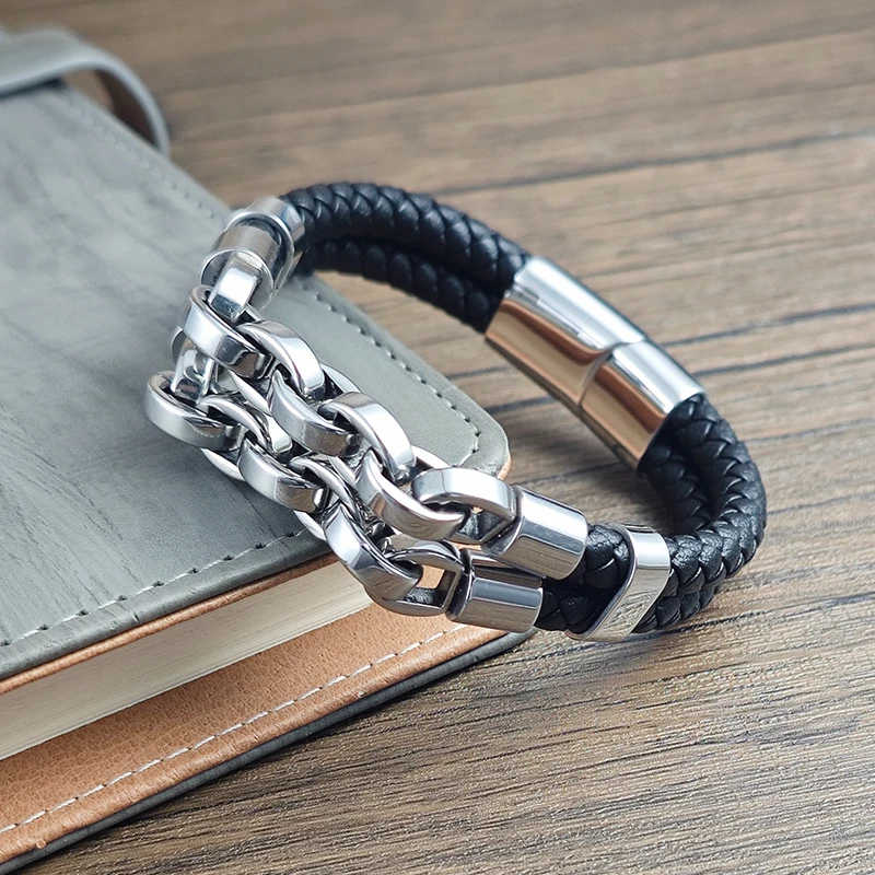 Mehrschichtiges Herren-Lederarmband mit Edelstahl-Mechanik-Elementen, kubanische Kette, geometrisches Muster, Armreifen für Herren, Schmuckgeschenk – Detail 8