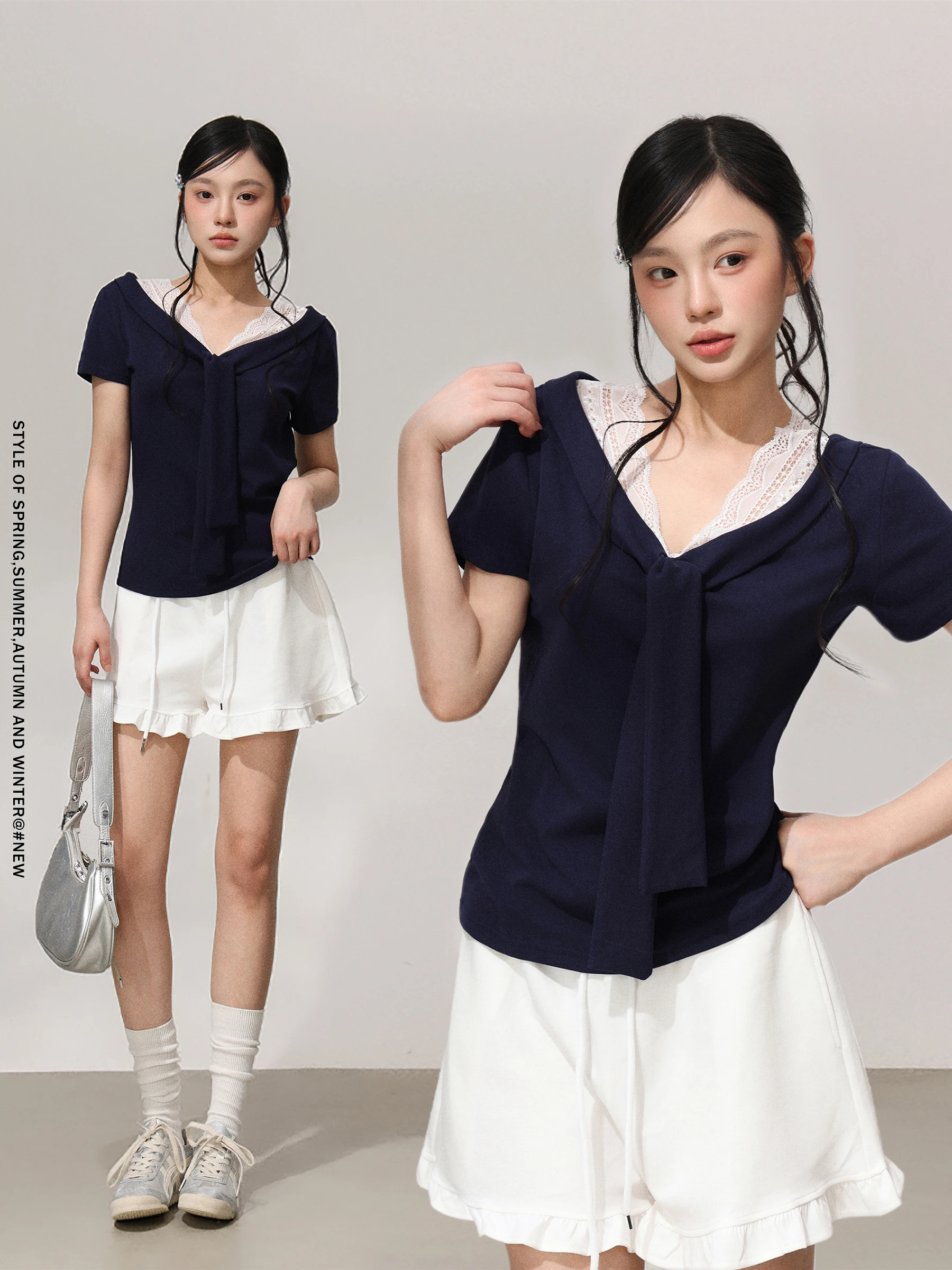 

Pure Desire November Lace Trim Short Sleeve V-Neck T-Shirt Women's Summer Slim Fit Sexy Top Hot Girl Style Chinese Made