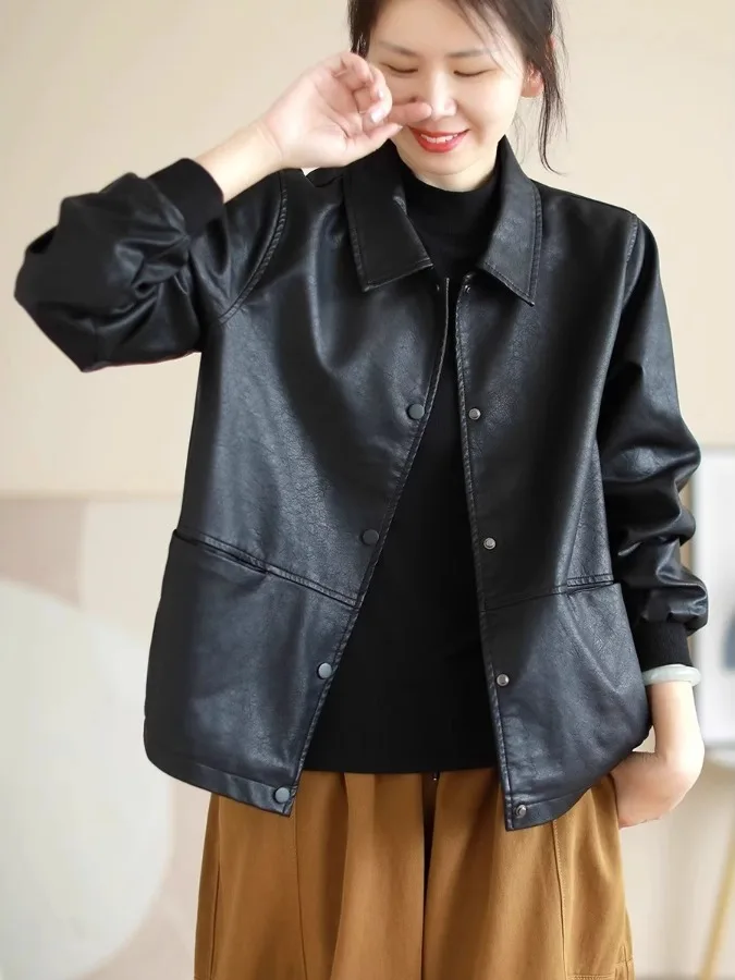 

Свободная повседневная куртка из искусственной кожи, женская весенне-осенняя новая куртка с воротником-стойкой, удобная верхняя одежда для поездок на работу