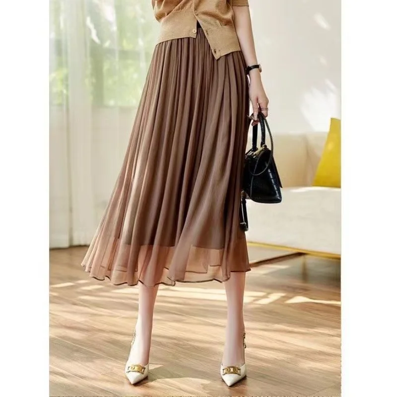 New Spring and Summer Women\'s Solid Color High Waist Elastic Gauze Pleated A-Line Appear Thin Fashion Casual All Match Skirt