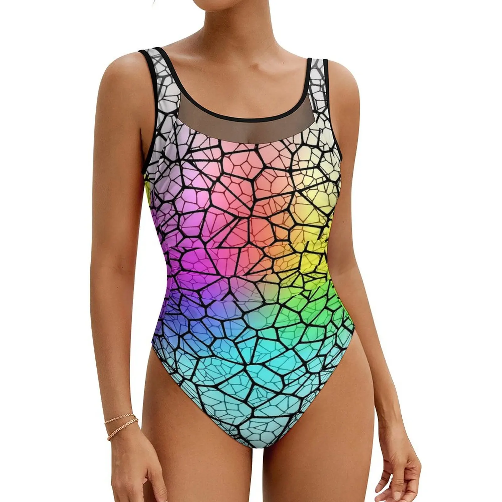 

Shallow Water Swimsuit Sexy Rainbow Glow Print One Piece Swimwear Push Up Bodysuit Stylish Holiday Pool Beach Outfits