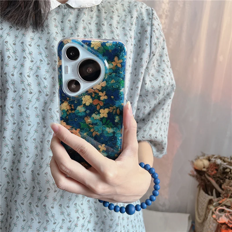 

French Blue Glitter Flower Bracelet Bead Phone Case Suitable foriPhone16 Pro Max