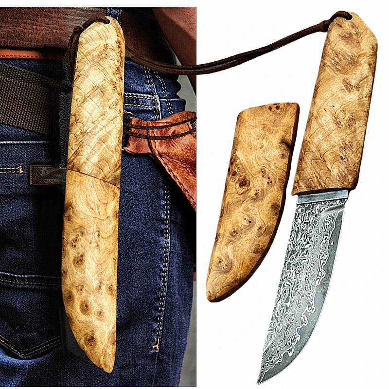 Switzerland Damascus VG10 Steel outdoor hunting knife White Shadow Wood Outdoor Camping knife Jungle EDC tool knife