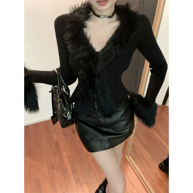 

Весна 2026: Новая коллекция женских блузок и топов в корейском стиле с меховым воротником, приталенный крой, винтажные вязаные пуловеры и футболки в стиле Y2K (американский винтаж)