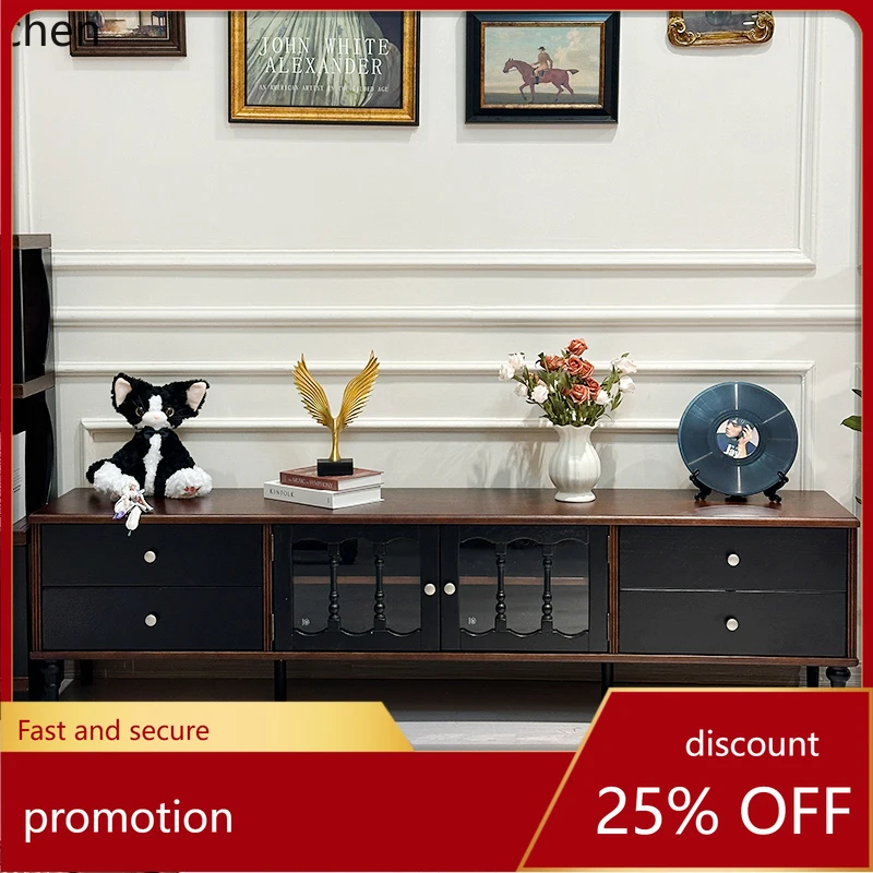 

HXL pure solid wood TV cabinet black American small apartment living room floor cabinet medium antique furniture