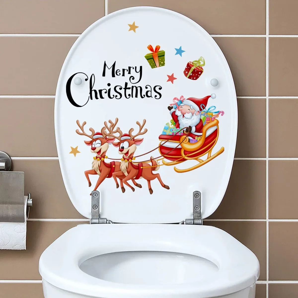 Cartoon Santa Claus Deer Cart Toilet Cover Stickers Merry Christmas Home Toilet Decorative Stickers Noel 2025 Toilet Stickers