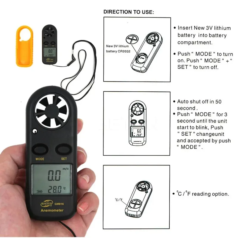 GM816 Digital Anemometer Wind Speed Mini Air Velocity Airflow Temperature with LCD Backlight Wind Speed Meter