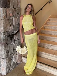 Sexy Transparent Sleeveless Shiny Camisole Tank Top Long Dress Two Piece Set 2025 Fashion Elastic Waist Wrap Hip Knitted Set K68