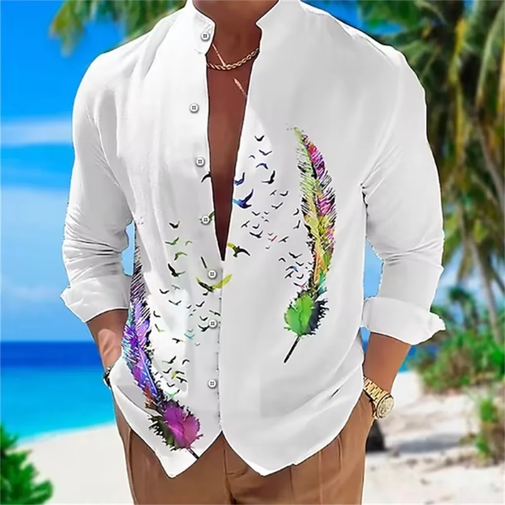 

Feather patterned men's long sleeved shirt, casual and comfortable, fashionable and trendy, street outdoor, soft fabric