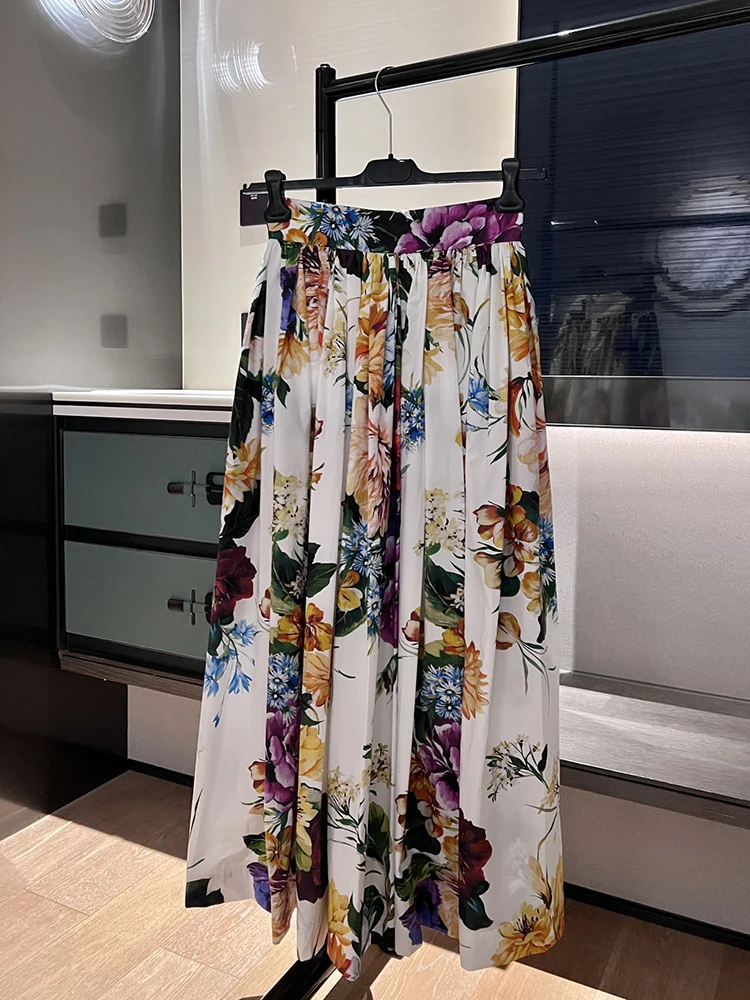 

Spenneooy Summer Fashion Party Elegant Vintage Floral Print Cotton Midi Skirt Women's Mid-waist Slim A-Line Big Swing Long Skirt
