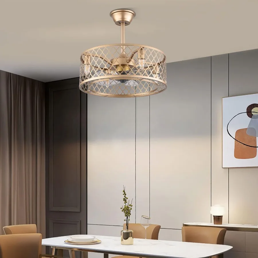20 Gold Fandelier Ceiling Fan with LED Light Remote Control 3-Speed Adjustable Quiet Enclosed Caged Ceiling Fan Downrod Mount M