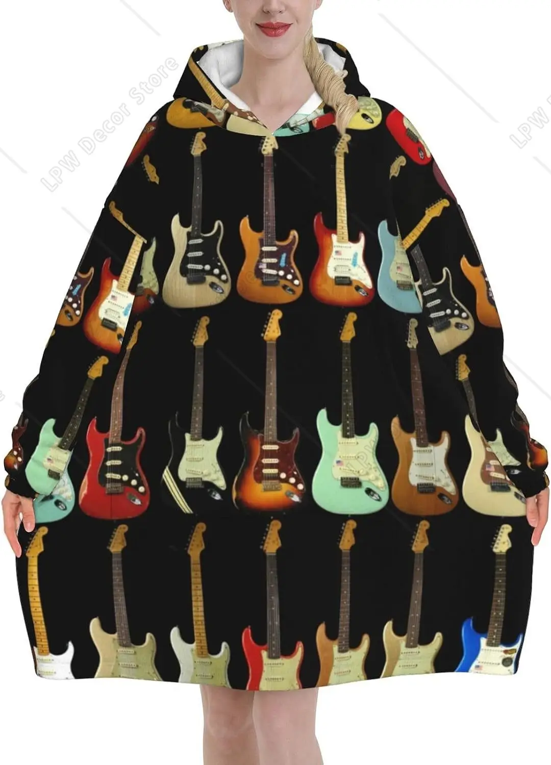 Art Guitar Pattern Print Blanket Hoodies For Women & Men Adult Teen Wearable Hooded Sweatshirt With Pocket