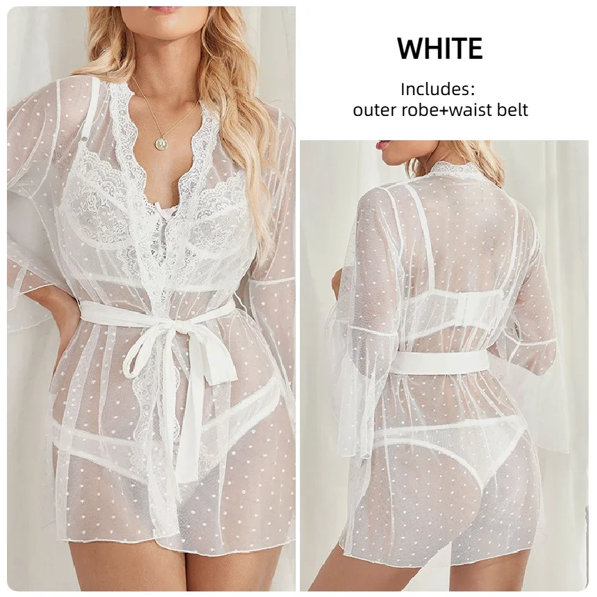 女性のセクシーなランジェリーシースルー水玉メッシュレース透明アウターローブホーム服セット
