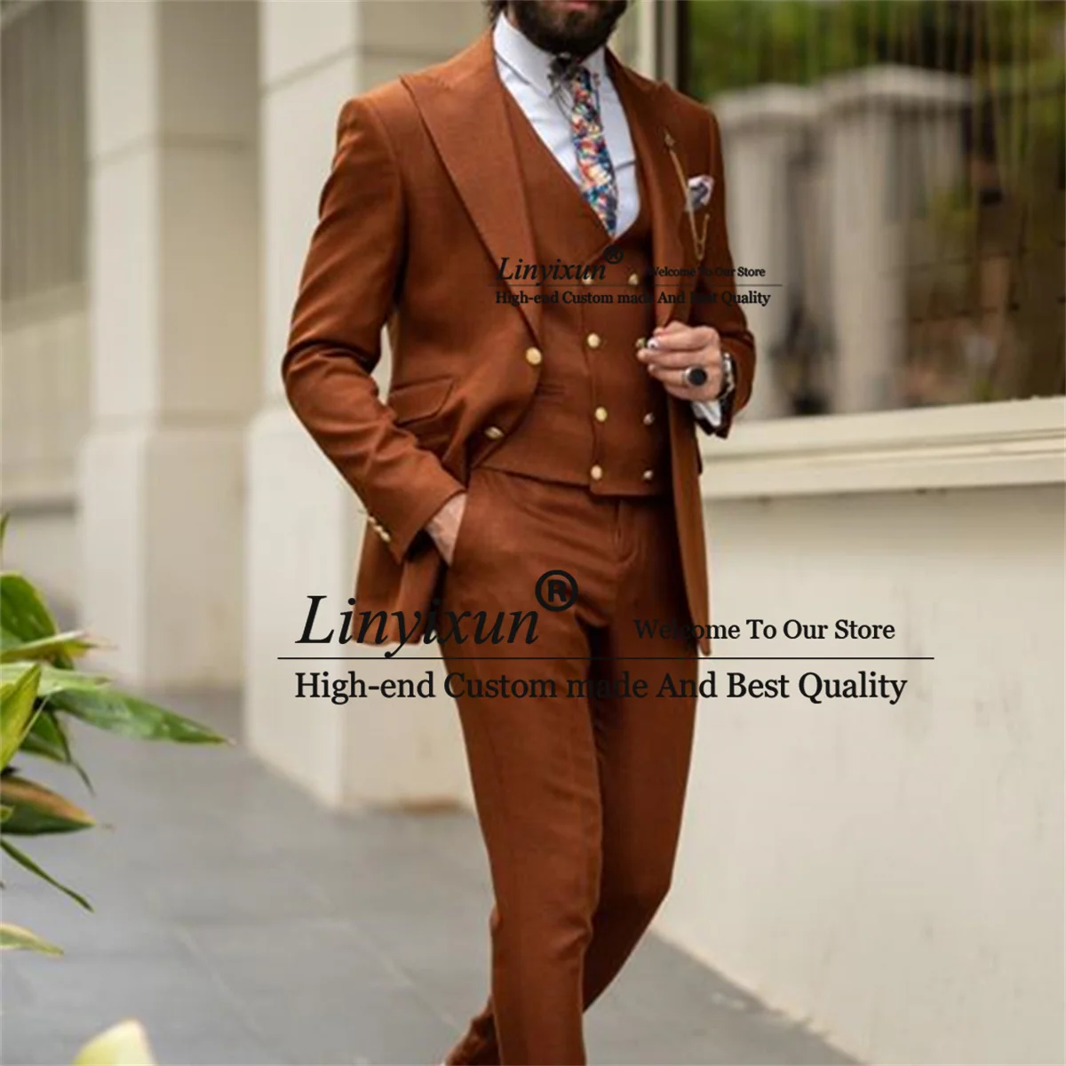 

Brown Wedding Suits For Men Slim Fit Peaked Lapel Groom Tuxedos Business Male Blazer 3 Pieces Set Costume Homme Jacket+Vest+Pant