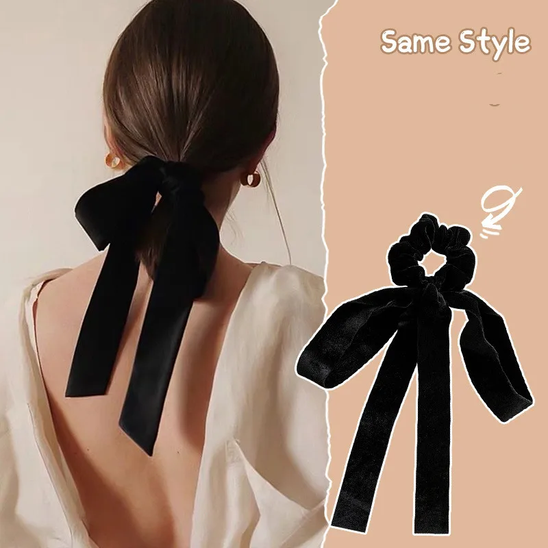 2022Fashion Premium Black Headband Crape Hemming Bow Hair Rope Hair Scrunchie For Women Hair Tie Ribbon Headwear Hair Accessorie