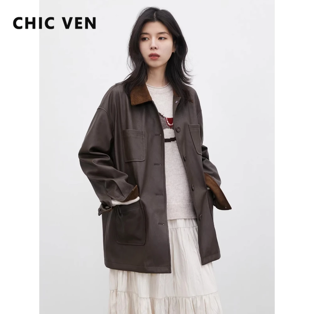 CHIC VEN New Women Faux Leather Jacket Retro Loose Casual Single-breasted Ladies PU Coat Spring Autumn 2026 Clothing for Woman