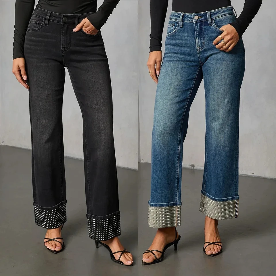 

2026 New Fashion Women Washed Rhinestone Straight Leg Jeans Loose Casual Versatile Trousers Multiple Colors Available