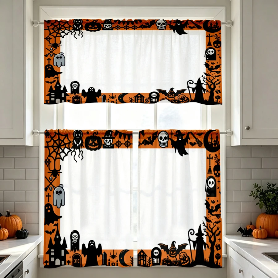 Halloween Fall Kitchen Curtains, Witch Ghost Castle, Digital Print, Kitchen Dining Room, Rod Pocket Polyester, Home Decor