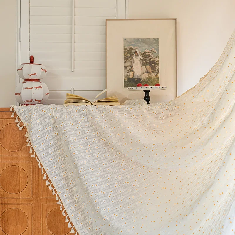 Boho Daisy Floral Cotton Curtains with Tassels Rod Pocket Kitchen Curtain, Living Room Farmhouse Rustic Bohemian Window Curtain