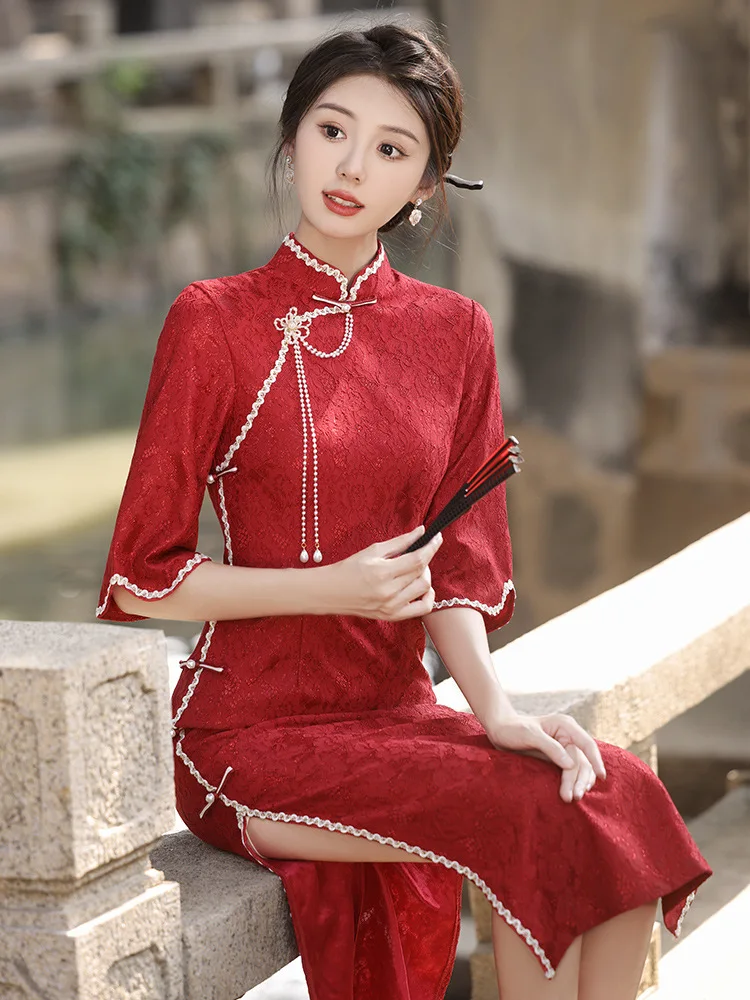 

Traditional Elegant Flare Sleeve Chiffon Qipao Women Red Lace Cheongsam Retro Chinese Dress Hanfu Vestido