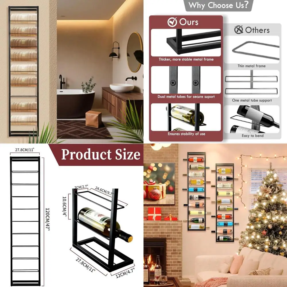 

Black Metal 10-Bottle Hanging Wine Rack - Wall-Mounted Storage for Wines