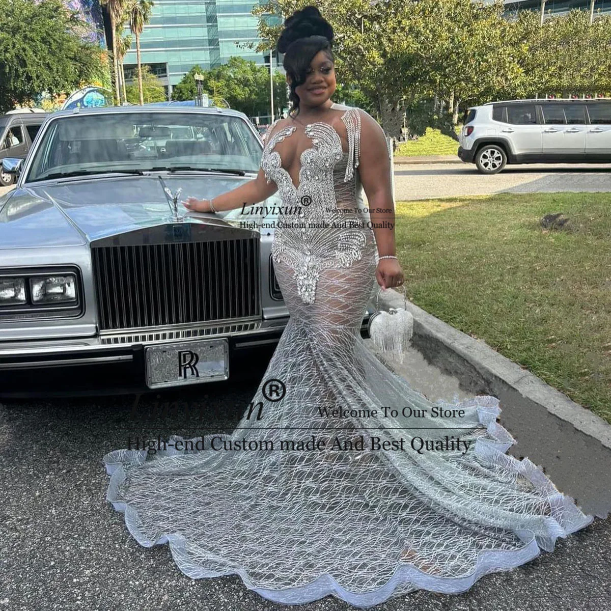 Glitter Diamonds Mermaid Prom Gowns For Black Girls Lace Tassel Rhinestones Evening Party Gown Crystal Formal robe chic soirée