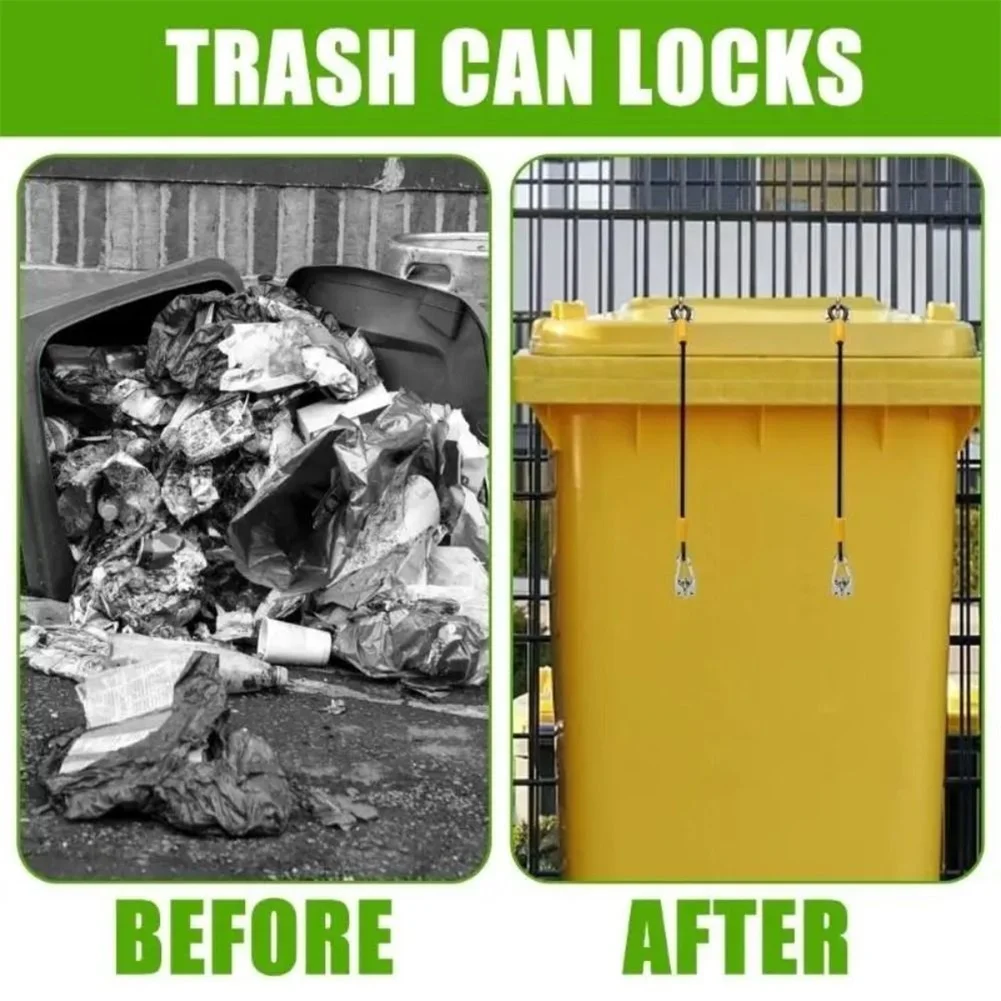 Outdoor Trash Can Security Lock Stainless Steel Hooks Plus Vinyl Covered Wire Rope for Animal Deterrence 2 pcs