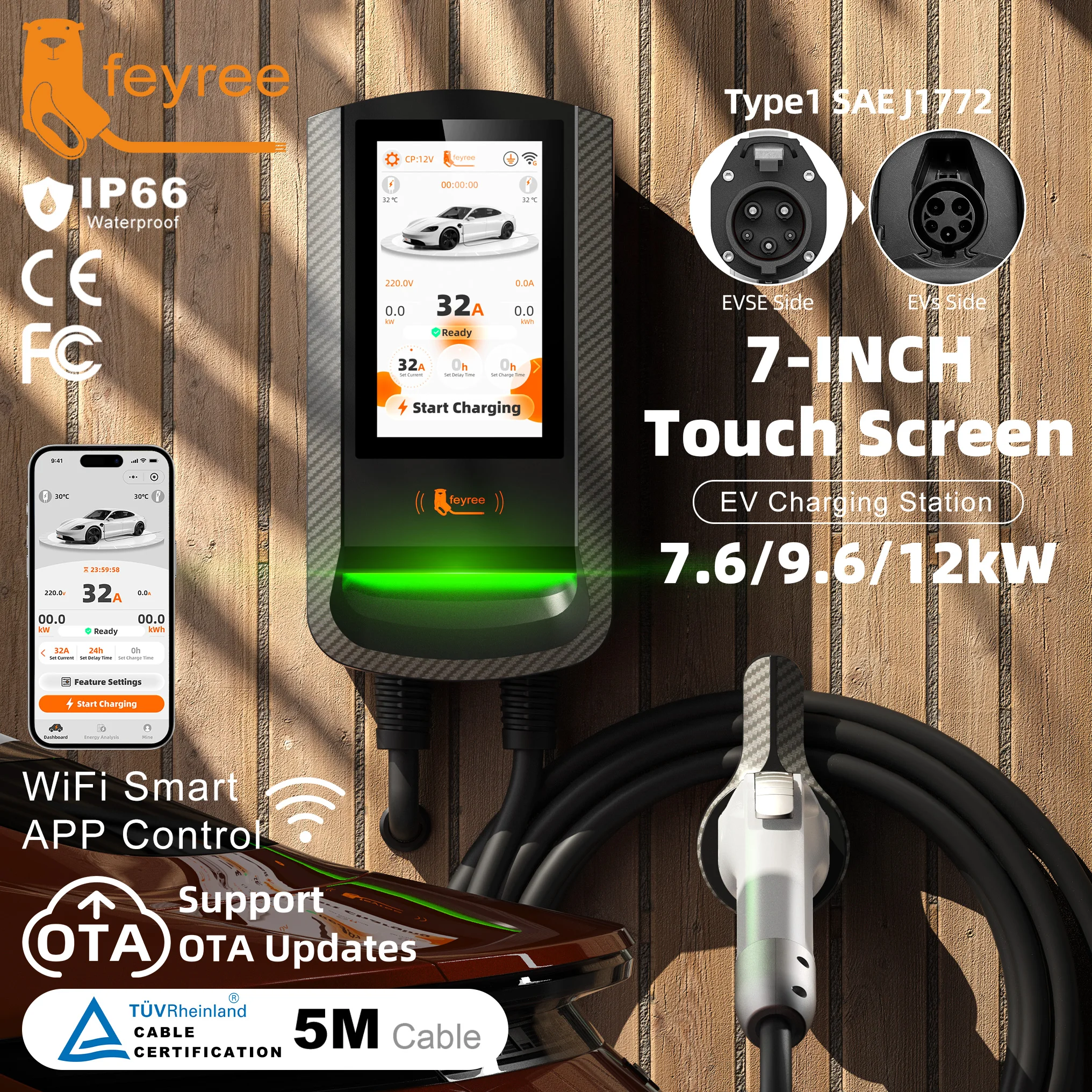 feyree Type1 EV Wallbox RFID Card Authorization 7.6kW 7Inch Touch Screen APP Control OTA Upgrade Charging Log 12kW Car Charger