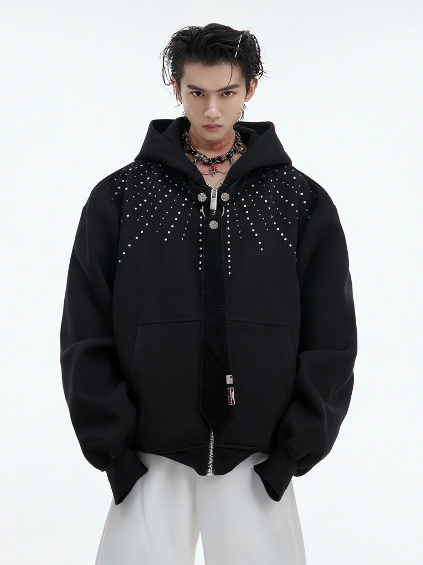 2025 New Fashion Trendy Design Starry Heavy Rhinestone Hooded Cardigan for Men Autumn Loose Handsome Casual Zipper Jacket Coat