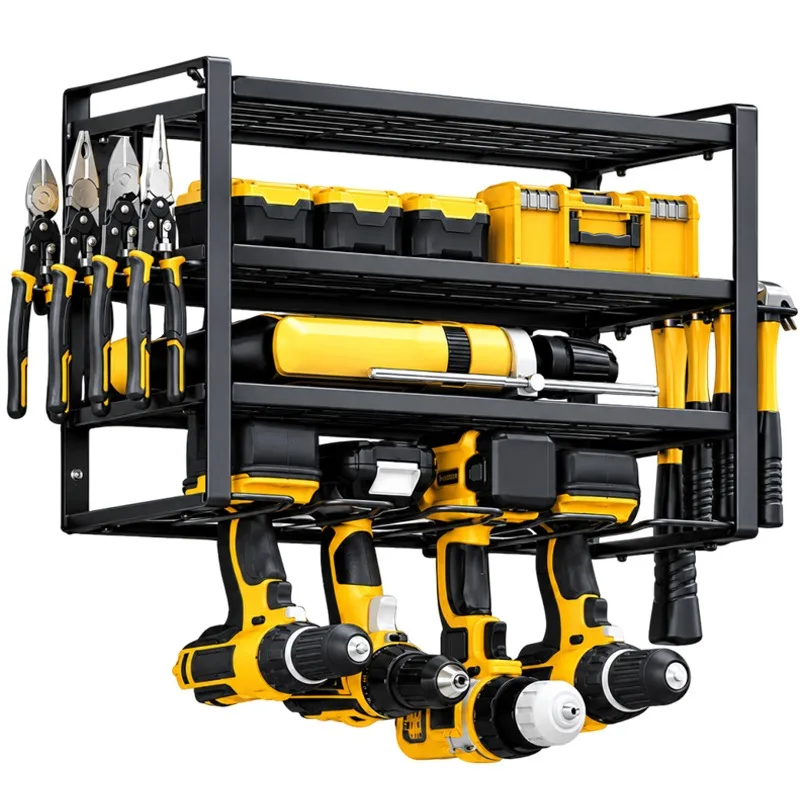 Scaffale porta utensili elettrici a 4 livelli, robusto, in metallo, da parete, per cacciaviti, chiavi, trapani, organizer multiuso, scaffale per officina e garage