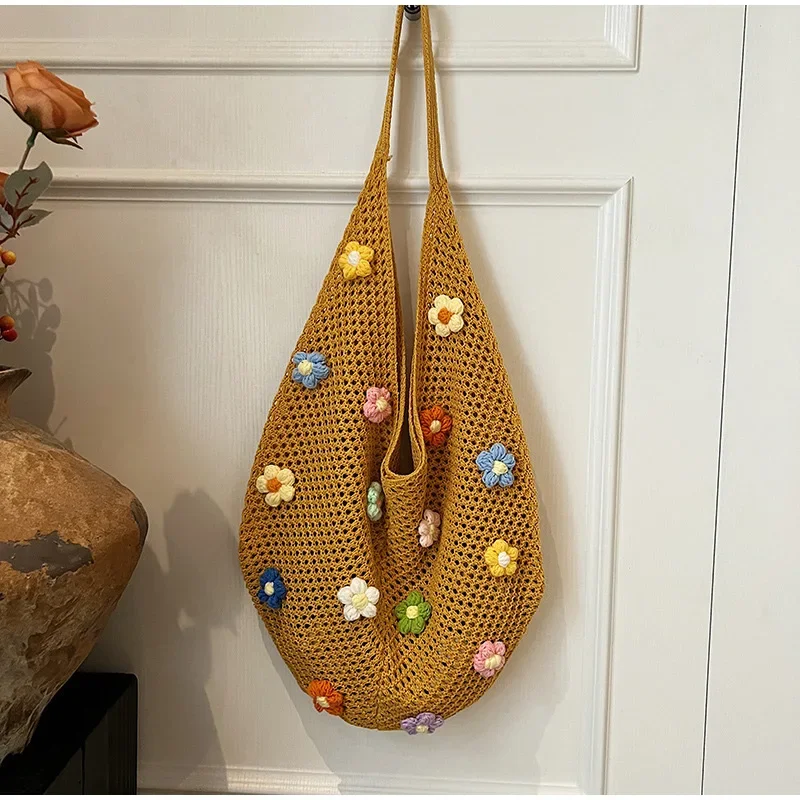 Hohle gestrickte Umhängetasche aus Netzstoff, Strandurlaub, lässige, schicke Cartoon-Einkaufstasche, leichte, lässige, gewebte Damenhandtasche mit Entspannung – Detail 25
