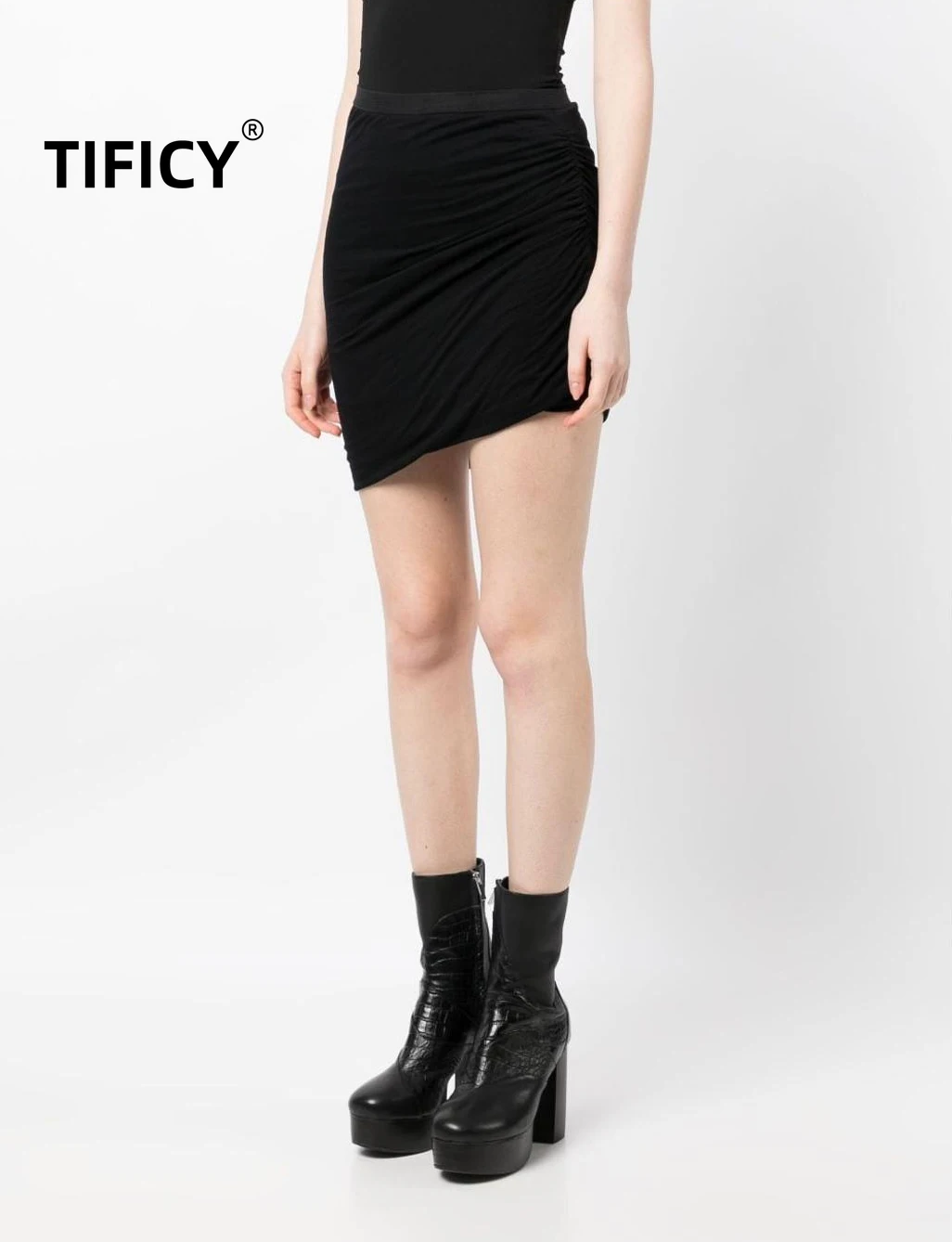 TIFICY High Street Mini black Skirts Dark Ro Women's Asymmetrical Pleated Mini Skirt Female Hip Hugging Pleated Slanted Skirt