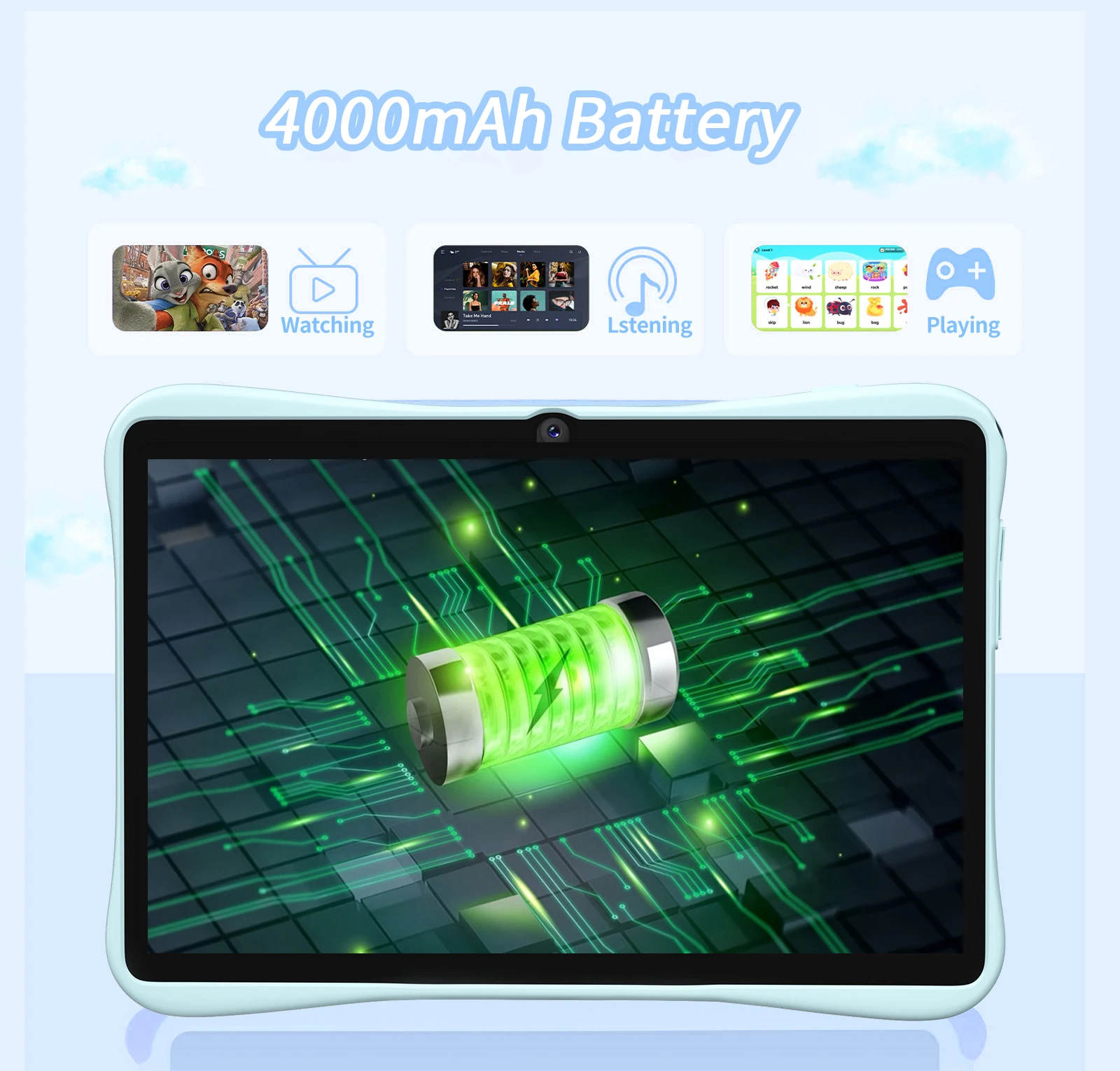تابلت للأطفال مقاس 7 بوصات بسعة 4 جيجابايت + 64 جيجابايت، تحكم رباعي النواة لوحدة المعالجة المركزية، تطبيقات تعليمية، نظام أندرويد 13، بطارية 4000 مللي أمبير في الساعة