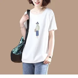 2024 Summer New Minimalist Commute Cotton Crew Neck Cartoon Printed Loose Short Sleeve Casual T-shirts Solid Color Women's Tops