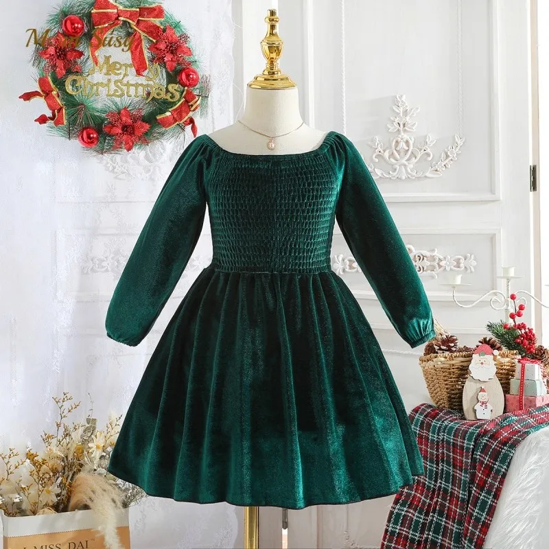 Girl Princess Velvet Dress Long Sleeve Spring Autumn Winter Child Vestido Red Green Party Birthday Christmas Baby Clothes 1-5Y