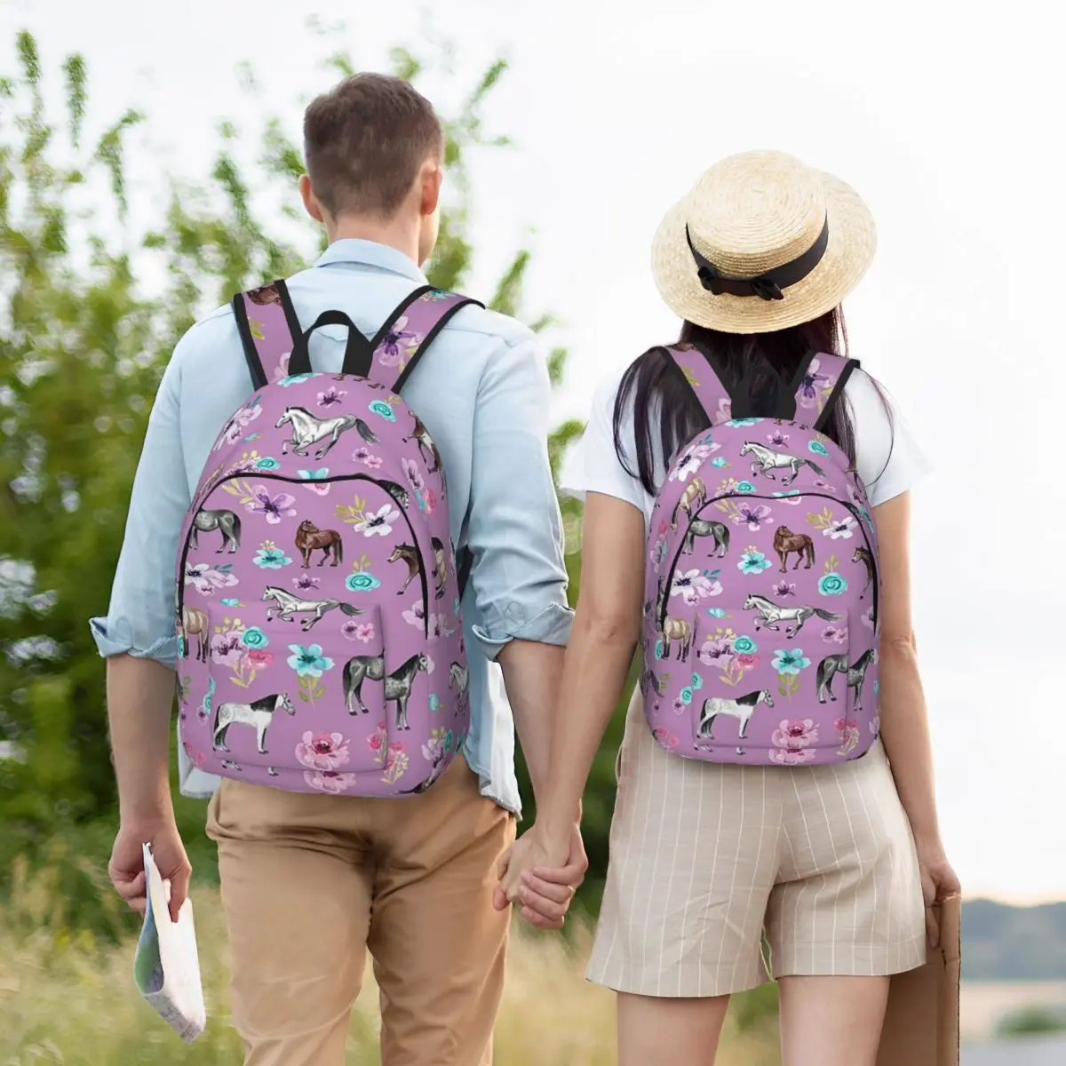 

Horses And Flowers On Pink, Equestrian Art Backpack Student Boys Girls BookBag Children School Bag Computer Shoulder Bags