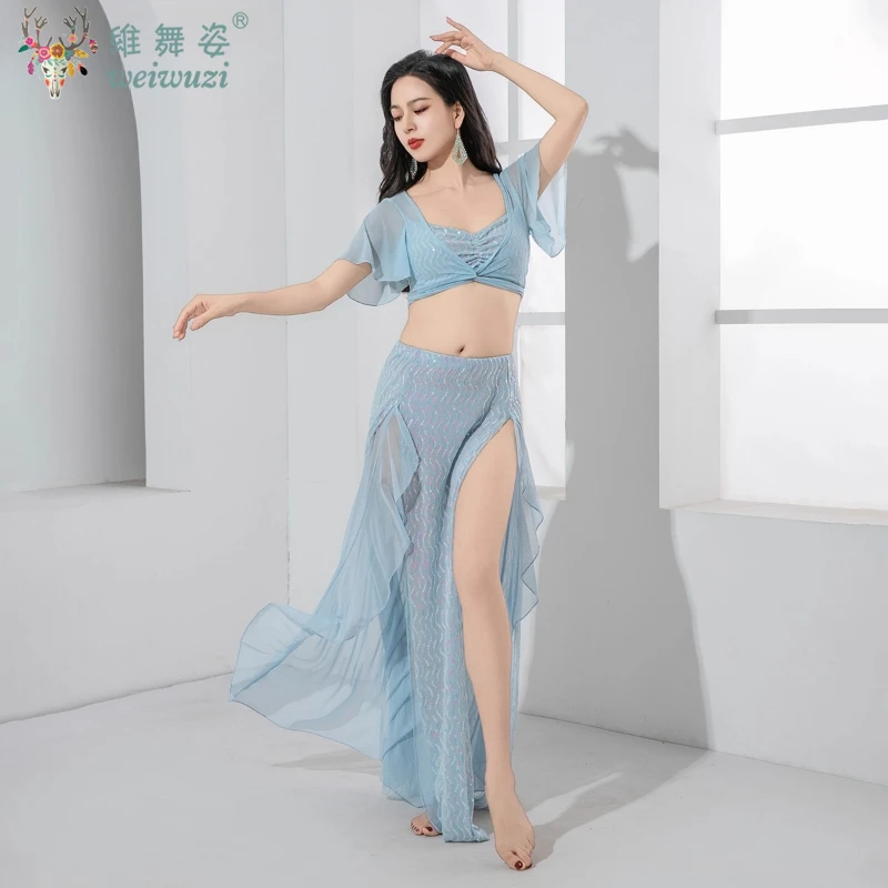 Costume de danseuse du ventre élégant pour femmes, haut à manches Lotus + jupe longue à paillettes, vêtements d'entraînement de danse orientale de luxe légers pour adultes
