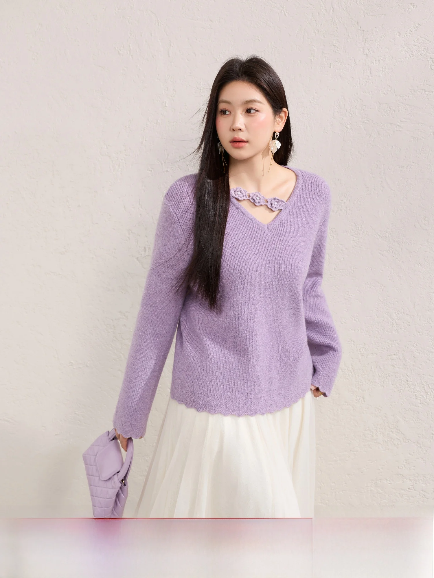 

Женский вязаный свитер LanYu больших размеров с V-образным вырезом, фиолетовый, новая весенняя коллекция, элегантный, с длинными рукавами, повседневный, комфортный топ