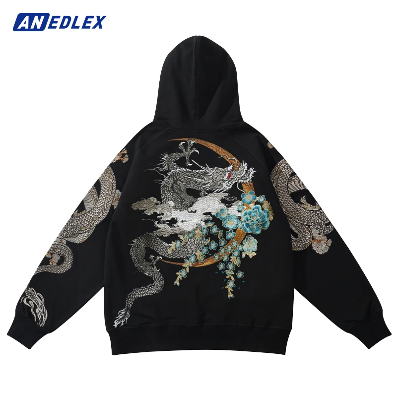 Hip Hop Streetwear Men Hoodie Sweatshirt Men Embroidery Dragon Flower Chinese Kanji Pullover Harajuku Cotton Hooded Hoodie Black