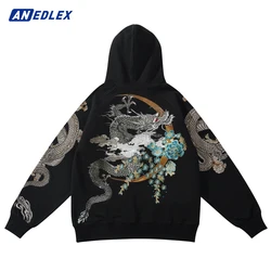 Hip Hop Streetwear Men Hoodie Sweatshirt Men Embroidery Dragon Flower Chinese Kanji Pullover Harajuku Cotton Hooded Hoodie Black