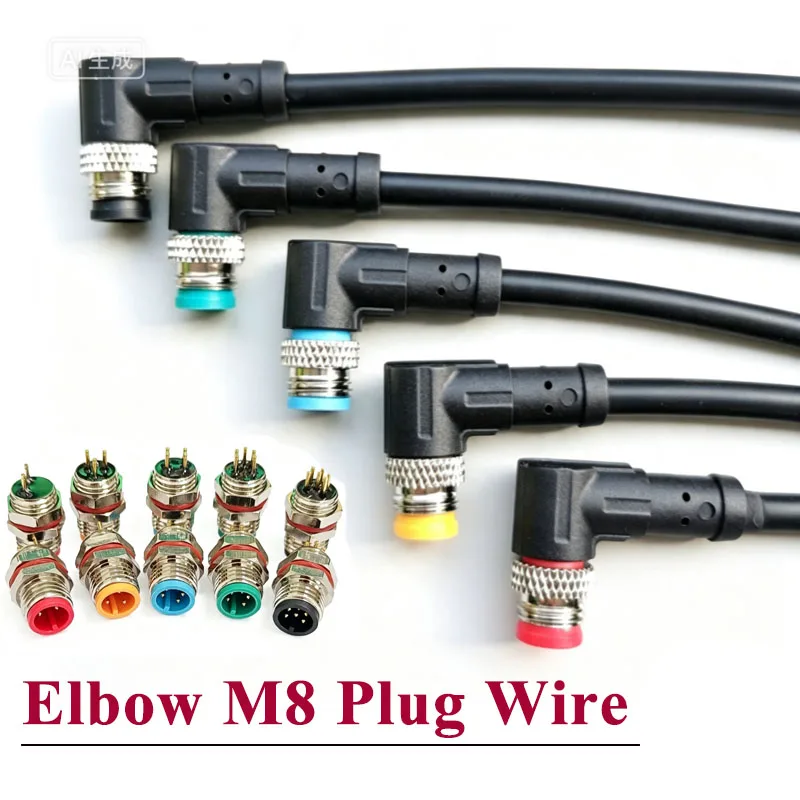 Elbow M8 Flange Panel Socket Connector Set M8 2 3 4 5 6 Pin Waterproof Aviation Plug with 50CM Wire M8 Sensor Connection Cable